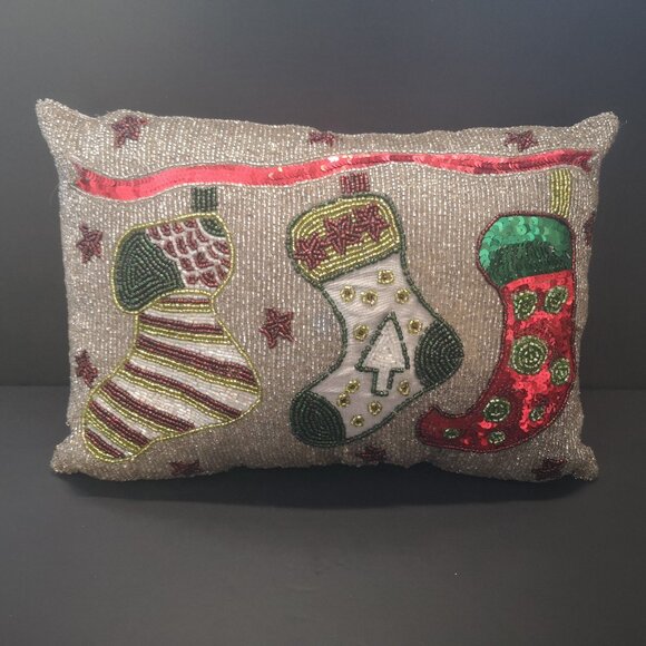 Domain Christmas Theme Bead & Sequin Embellished Stuffed 15x10" Pillow - Picture 1 of 4